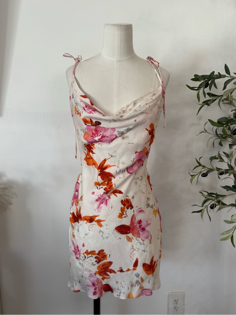 ZARA Floral Satin Cowl Neck Mini Slip Dress Pink Orange Size XS
